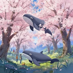 narwhal, sakura trees, sakura season dynamic lighting, landscape, artwork by jeremy lipkin and giuseppe dangelico pino and michael garmash and rob rey and greg manchess and huang guangjian and makoto shinkai, pixiv, 1 0 0 mm