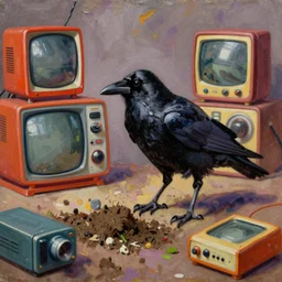 a raven digging through 8 0 s era technology, vintage shapes, retro technology, happy color, wayne barlow, oil on canvas, deep depth of field, masterpiece, cinematic composition, hyperdetailed
