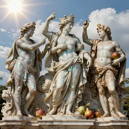 Yakuza (Video Game Series), tilt shift, prismatic, italian masterpieces, painted marble sculptures, baroque, beautiful, gracious, pagans, marble, clouds, sun, fruits, bioluminescent skin, ultra detailed