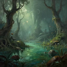 A strange swamp biome and on an alien science-fiction planet, beautiful matte painting, Moebius, frank frazetta, sid mead, james gurney, thomas kinkade, rodney mathews, trending on artstation