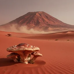 matte painting epic landscape widescreen hdr atmospheric red sand desert wasteland round mountains dusty, large fungi growths, realistic, noah bradley