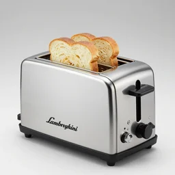 a lamborghini brand toaster with sliced bread in slots, professional product shot