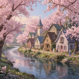 a magical vintage village on the river | cherry - blossoms | highly detailed | very intricate | serene romantic fantasy whimsical magical | professional cinematic lighting | bokeh | dusk | studio ghibli | award - winning | matte painting by anton fadeev and paul lehr and rhads and alena aenami and tyler edlin | pastel color palette | featured on artstation