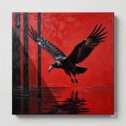canvas coated with red paint, black stripes, vulture flying out of water, matte paint, alberto seveso