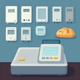 cash register in front of a wall of electrical supplies and and food vector art
