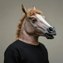 man wearing horse head mask on shoulder of man