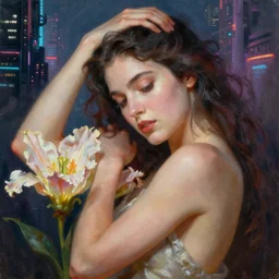 a beautiful closeup 4K portrait painting of one flower goddess in a sensual pose, in the style dan mumford artwork, in the background a futuristic cyberpunk city is seen.