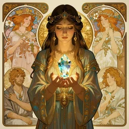 a mystical digital illustration of a fortuneteller gypsy with a crystal between her hands by rossdraws, moebius, frank franzzeta, alphonse mucha, mcbess, sakimichan