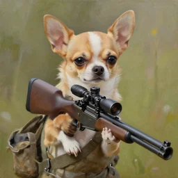 oil painting of a chihuahua holding a sniper rifle