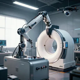 ( cyberpunk 2 0 7 7, bladerunner 2 0 4 9 ), a complex thick bifurcated robotic cnc surgical arm cybernetic symbiosis hybrid mri 3 d printer machine making a bio chemical lab, knobs, natural light in room, drone camera lens orbs, octane render, architectural, f 3 2,