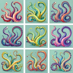 a 3 x 3 grid of a sequence of animation cells featuring multicolour tentacles writhing illustrated by brandt peters.