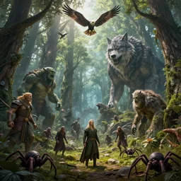 highly detailed, ancient forest, elves, spiders, wizards, trolls, goblins, eagles in the sky, giant wolves, concept art, character art, studio lightning, bright colors, intricate, masterpiece, photorealistic, hyperrealistic, sharp focus, high contrast, artstation hq, deviantart trending, 8 k uhd, unreal engine 5