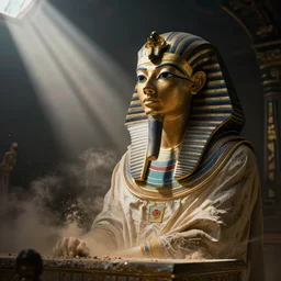 Akhenaten, by Emil Melmoth, Mikhail Vrubel, Etsuko Miura , high detail, cinematic, dust, shafts of light, smoky, dark ambience