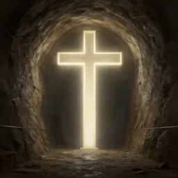 a christian cross made out of light at the end of a tunnel, concept art by Doug Chiang cinematic, realistic painting, high definition, digital art, symmetrical, very detailed, extremely high detail, photo realistic, concept art, unreal engine 5,