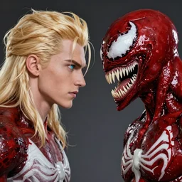 resonant red Venom and his alter ego Lucius fighting side by side, the ivory pale blond prince with pretty opal eyes by Ross tran, long fluffy blond curls, hooked nose high cheekbones and square jaw