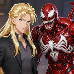 resonant red Venom and his alter ego Lucius fighting side by side, the ivory pale blond prince with pretty opal eyes by Ross tran, long fluffy blond curls, hooked nose high cheekbones and square jaw