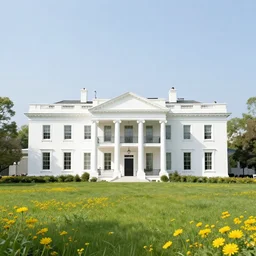a white house in the meadow, with yellow flowers around it