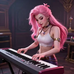 seraphine, from league of legends, pink hair, musician, musical keyboard, hyper detailed, digital art, trending in artstation, cinematic lighting, studio quality, smooth render, unreal engine 5 rendered, octane rendered, art style by klimt and nixeu and ian sprigger and wlop and krenz cushart
