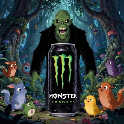 Movie frame from the one big creepy edgy Monster energy drink coloured nightmare Disney animated motion picture released in 1937, beautiful enchanted forest full of Monster energy drink critters, directed by Walt Disney energy drink,  highly detailed background paintings by Thomas Kinkade