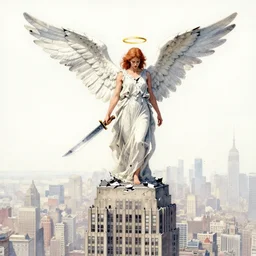 a watercolor ink painting of a demonic angel with a broken halo wielding a jagged broken blade standing on top of a skyscraper in new york city in the style of leonard boyarsky in the style of yoji shinkawa trending on artstation deviantart pinterest hyper detailed photorealistic highlights and shadow hd 8 k post - processing high resolution