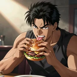guts from berserk eating a hamburger