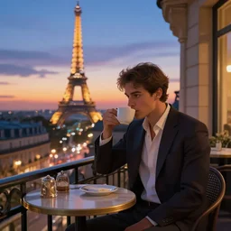 elegant man drinking coffee at balcony in france, city with eiffel tower seen behind, late night sunset, city living, detailed characters, by greg rutkowski, alphonse mucha, beeple, sharp focus, digital art, smooth, light refraction, pixiv art, volumetric lighting, makoto shinkai