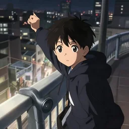 anime visual, portrait of a young black haired boy wearing hoodie sightseeing above the urban city, guardrail, cute face by yoh yoshinari, katsura masakazu, dramatic lighting, dynamic pose, dynamic perspective, strong silhouette, ilya kuvshinov, anime cels, 1 8 mm lens, fstop of 8, rounded eyes, moody, detailed