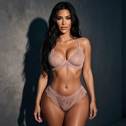 kim kardashian in bladerunner, attire: ultra tight lace underwear showing curves, hyper realism