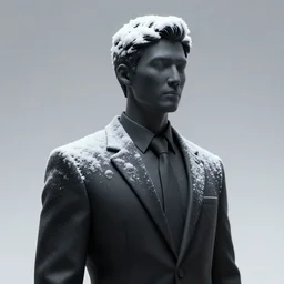 man in a black suit with static snow coverimg his head, cel-shaded, CGSociety, volumetric lighting, shadow depth, zbrush