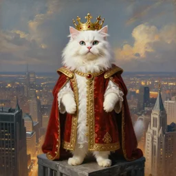 a fantasy portrait painting of an anthropomorphic white persian cat dressed, as a renaissance king with crown in head, standing on a skyscraper overlooking a vast city, centered, cinematic, beautiful lighting, dramatic