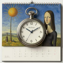 surreal art : soft calendar, soft watch, this is the summer of discontent in the style of max ernst, rene magritte