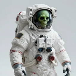 Short long headed green skinned astronaut , diffuse lighting, intricate, elegant, highly detailed, lifelike, photorealistic, digital painting, illustration, concept art, smooth, sharp focus, A24!film cinematography, unreal engine, cinematic, hyper realism, high detail, octane render, dream like atmosphere 8k