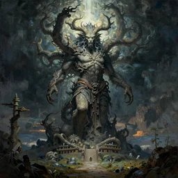 an ancient creature, by asaf hanuka, by caspar david friedrich, by zdzisław beksinski, chinese art, soviet art, dichromatism, divine, powerful, accent lighting, yggdrasil, on path to enlightenment
