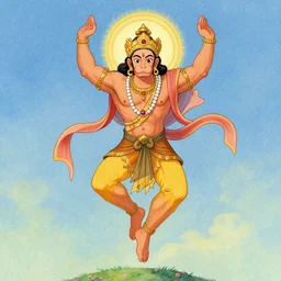 a beautiful illustration of a hanuman, leaping with arms up, in the style of malika favre.