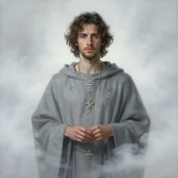 portrait of adam brody in gray robes and, runes, jewelry, mystical, ethereal, magical white fog, painting by greg rutkowski and alphonse mucha