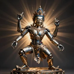 a studio portrait of a robotic metal boddhisatva yamantaka. tri - x art photography