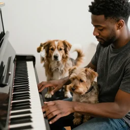 a white person and a black person near the piano keyboard with two dogs