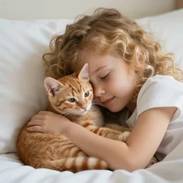 an orange tabby kitten and a girl with curly blonde hair cuddling on a bed, photorealistic