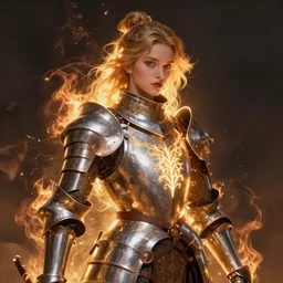a portrait of an armored knight, glowing with fire