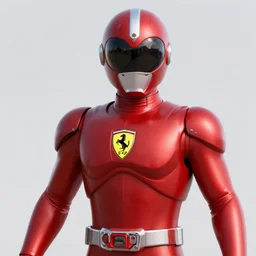 Tokusatsu character based on Ferrari, red metallic body, chest plate with Ferrari logo, stylized motorcycle helmet, unreal engine, 3D model