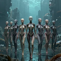 3D render of a crowd of miniature beautiful bioengineered female xenomorph hybrid posing in front of a gigantic city ruined underwater environment,  omnious , elegant,  reflections, focus, detailed, realistic eyes, horizontal partial symmetry body features proportions, intricate facial skin details, golden ratio, award winning, trending in cgsociety artstation deviant art, octane, by Tom Bagshaw and H.R.Giger