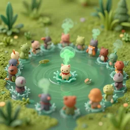 heavy tilt-shift isometric swampy swamp, cute swamp creatures splashing about, puffs of green smoke, Alena Aenami, Petros Afshar, Noah Bradley, Anton Fadeev, Anato Finnstark, Steve Henderson, Filip Hodas, Mark Keathley, Thomas Kinkade, Phil Koch, Gilbert Williams, Mike Winkelmann, Beeple