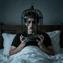 a man with a gothic cage over his face who is afraid of waking up