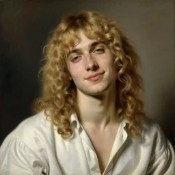 beautiful portrait painting of Dio Brando with long curly blond hair, delicate young man wearing an open poet shirt smiling sleepily at the viewer, symmetrically parted curtain bangs, in love by Peter Paul Rubens and Norman Rockwell
