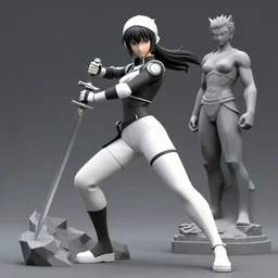 a woman in black and white outfit holding a sword, a statue by Yoshiyuki Tomino, cgsociety, neo-figurative, daz3d, dynamic pose, polycount