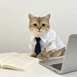 a photo of a cat wearing a shirt and tie, sitting at a white desk with a book and a laptop on it