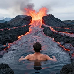 back of a man submerged in flowing lava on a volcano with magma eruptions