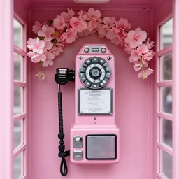 photorealistic inside a soft pink telephone booth, soft soft pink pay phone with pink flowers blooming, closeup, shot on iphone 1 3 pro, by annie leibovitz - lh 7 6 8