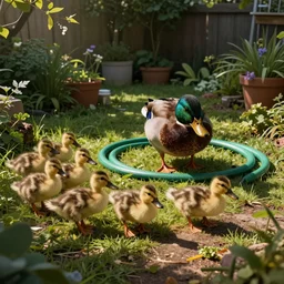 an evil garden hose hunting ducklings in the backyard