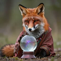 anthropomorphous fox wearing gypsy clothing, looking into a magical crystal ball